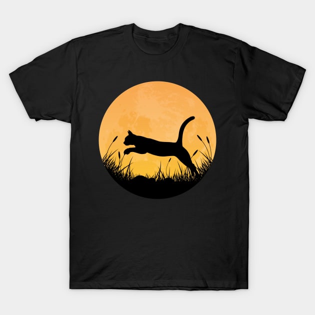 Funny Jumping Cat Silhouette with Full Moon T-Shirt by RajaGraphica